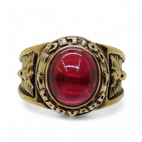 815 - A 9ct gold American College style Harvard College design, ring, set with a red gem, size Y, weight 1... 