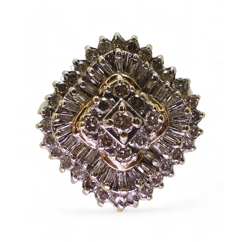 820 - A 14k gold diamond cluster ring, size of the cluster 24.2gms, set with estimated approx 1.25cts of b... 