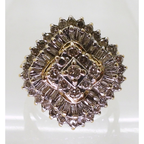 820 - A 14k gold diamond cluster ring, size of the cluster 24.2gms, set with estimated approx 1.25cts of b... 