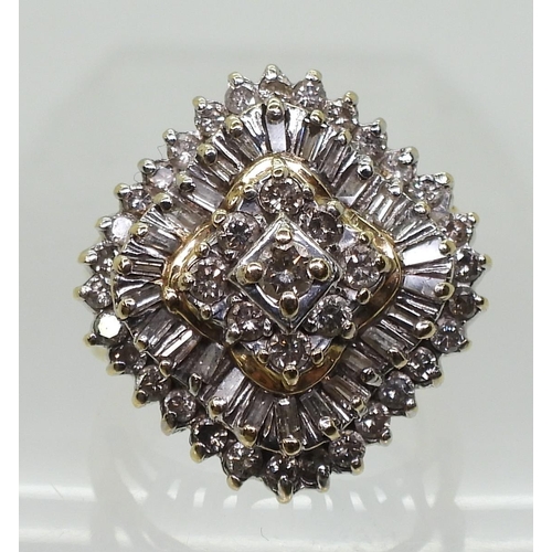 820 - A 14k gold diamond cluster ring, size of the cluster 24.2gms, set with estimated approx 1.25cts of b... 