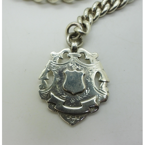 845 - A heavy silver tapered fob chain with silver medallion, hallmarked to every link, tapers from 12.1mm... 