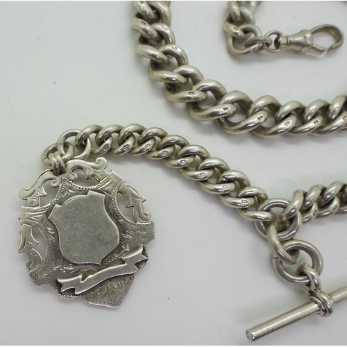 846 - A heavy silver tapered fob chain with silver medallion, hallmarked to every link, tapers from 12.1mm... 