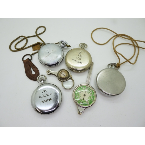 853 - A collection of base metal military items to include a Cyma pocket watch, Pheon mark GSTP M61764, A ... 