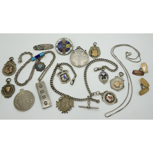 861 - Two Victorian 1887 coins made into a pendant, and brooch with enamel, a silver fob chain with three ... 