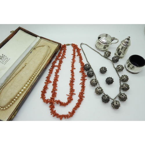 863 - A coral fringe necklace, filigree ball necklace, Asprey & Co silver cruet set and other items