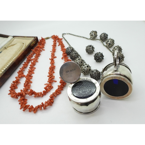 863 - A coral fringe necklace, filigree ball necklace, Asprey & Co silver cruet set and other items