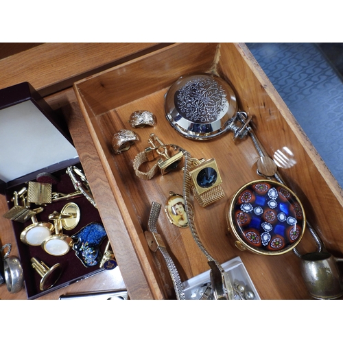 869 - An inlaid wooden jewellery box, with vintage cufflinks, a heavy silver band ring, a Sekonda pocket w... 