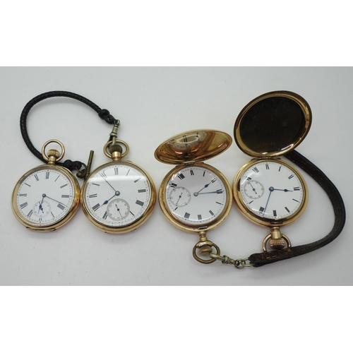 870 - Two full hunters and two half hunter gold plated pocket watches, Am Watch Co 'Royal', Waltham, Elgin... 