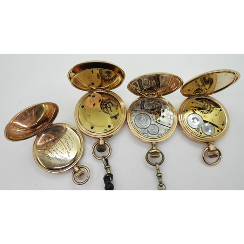 870 - Two full hunters and two half hunter gold plated pocket watches, Am Watch Co 'Royal', Waltham, Elgin... 