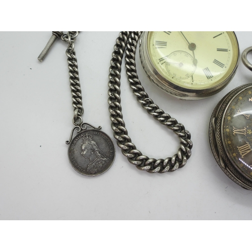 871 - Four silver pocket watches, a silver 1871 watch with a decorative dial, a similar example signed WJ ... 