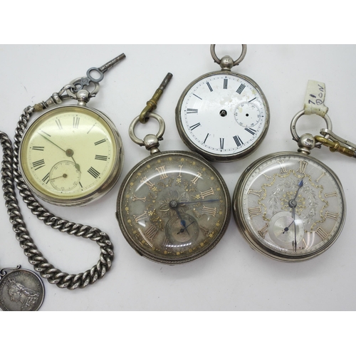 871 - Four silver pocket watches, a silver 1871 watch with a decorative dial, a similar example signed WJ ... 