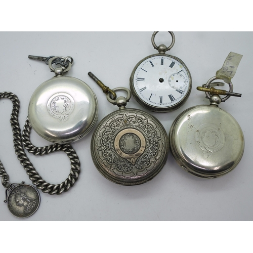 871 - Four silver pocket watches, a silver 1871 watch with a decorative dial, a similar example signed WJ ... 