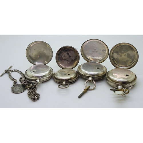 871 - Four silver pocket watches, a silver 1871 watch with a decorative dial, a similar example signed WJ ... 