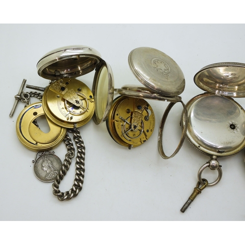 871 - Four silver pocket watches, a silver 1871 watch with a decorative dial, a similar example signed WJ ... 