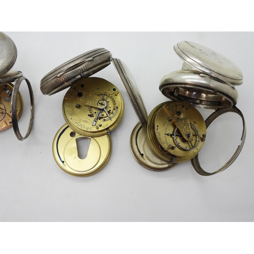 871 - Four silver pocket watches, a silver 1871 watch with a decorative dial, a similar example signed WJ ... 