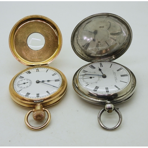 873 - A silver full hunter pocket watch, signed Edwin Flynn, London hallmarks for 1883, together with a go... 