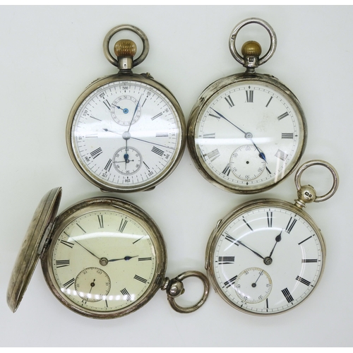 876 - Four silver pocket watches, to include a Swiss example with stop watch facility, a full hunter hallm... 