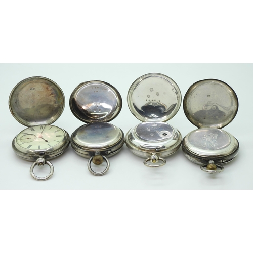 876 - Four silver pocket watches, to include a Swiss example with stop watch facility, a full hunter hallm... 