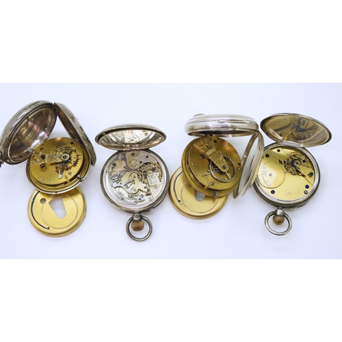 876 - Four silver pocket watches, to include a Swiss example with stop watch facility, a full hunter hallm... 