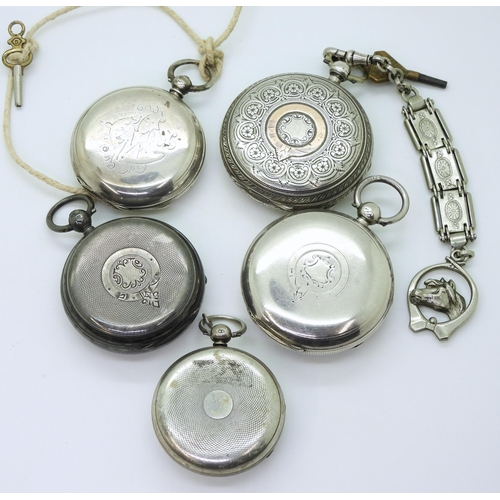 878 - Four silver open face pocket watches and a full hunter, the smallest, with Chester hallmarks for 185... 