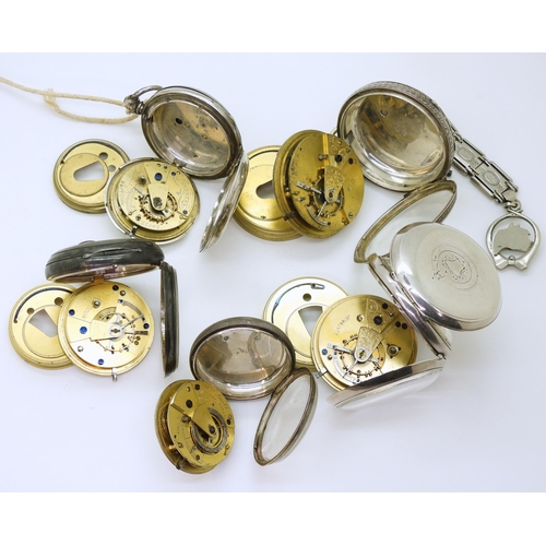 878 - Four silver open face pocket watches and a full hunter, the smallest, with Chester hallmarks for 185... 