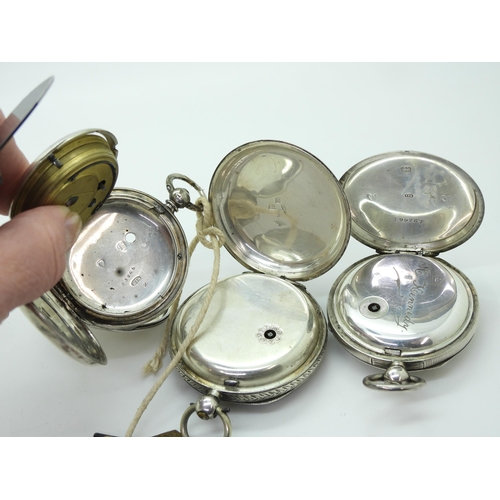 878 - Four silver open face pocket watches and a full hunter, the smallest, with Chester hallmarks for 185... 