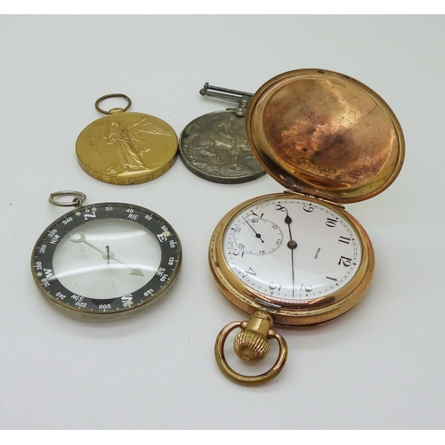 887 - A gold plated Nalog pocket watch, a night and day compass, and a Victory medal and British War medal... 