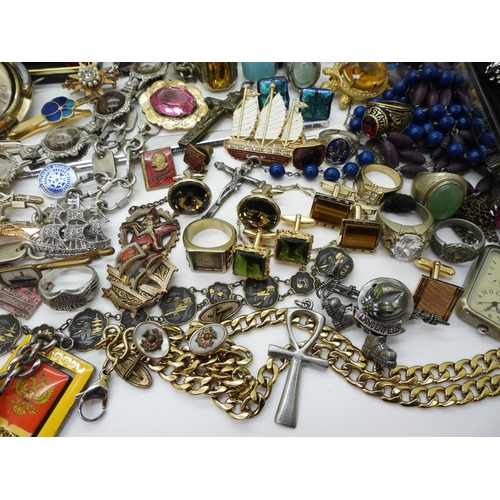 888 - A collection of vintage costume jewellery to include Russian examples, retro cufflinks tie slides, b... 