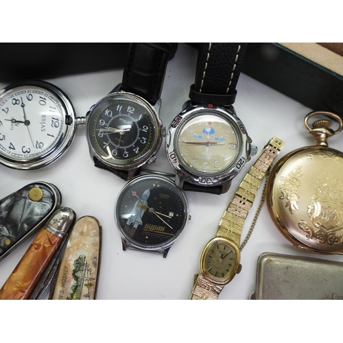 893 - A gold plated Elgin pocket watch, a Rosskopf & Cie pocket watch, three Russian wristwatches, and... 