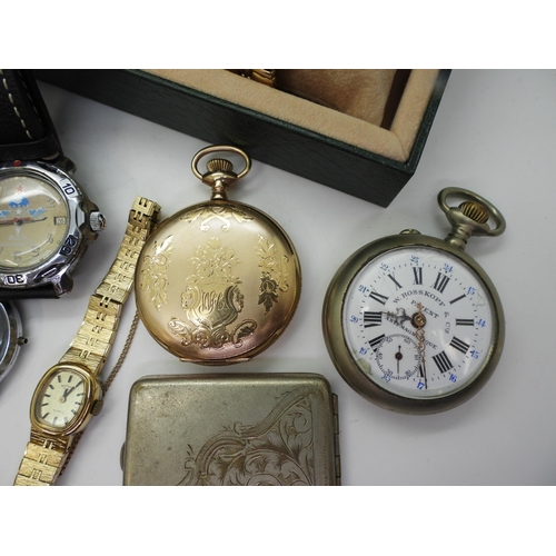 893 - A gold plated Elgin pocket watch, a Rosskopf & Cie pocket watch, three Russian wristwatches, and... 