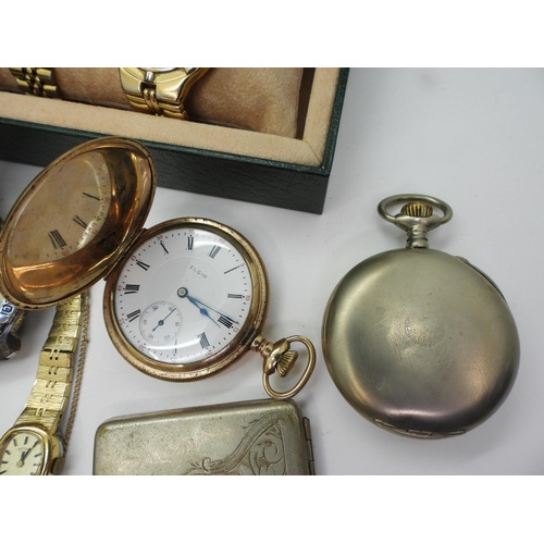 893 - A gold plated Elgin pocket watch, a Rosskopf & Cie pocket watch, three Russian wristwatches, and... 