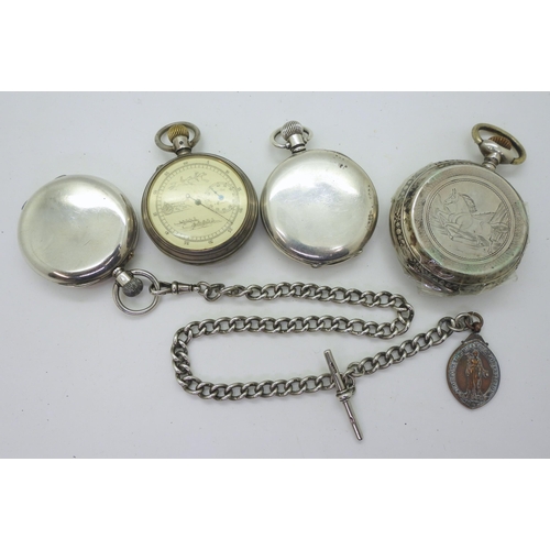 895 - Four silver pocket watches, A large Tissot open face with an engraved horse to the case, a double si... 