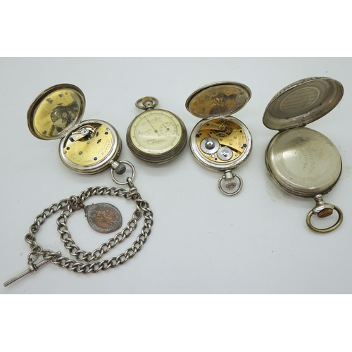 895 - Four silver pocket watches, A large Tissot open face with an engraved horse to the case, a double si... 