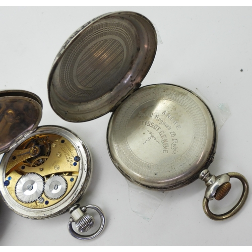 895 - Four silver pocket watches, A large Tissot open face with an engraved horse to the case, a double si... 