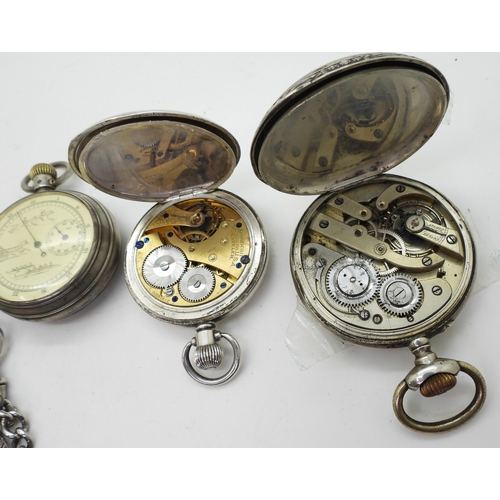 895 - Four silver pocket watches, A large Tissot open face with an engraved horse to the case, a double si... 