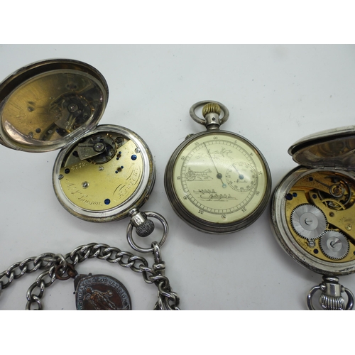 895 - Four silver pocket watches, A large Tissot open face with an engraved horse to the case, a double si... 