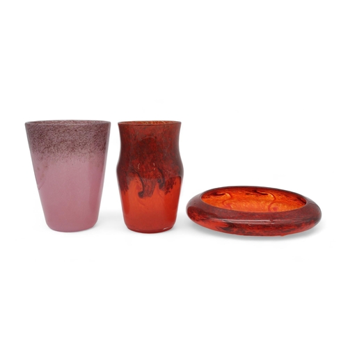 197 - A Strathearn orange and aventurine vase, a Strathearn bowl, together with a Vasart pink glass vase