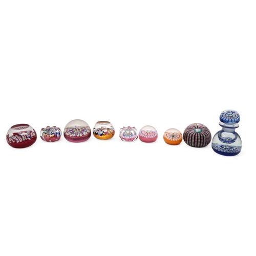 215 - A collection of John Deacons millefiori paperweights one dated 2011, two with EIIR cane, two with St... 