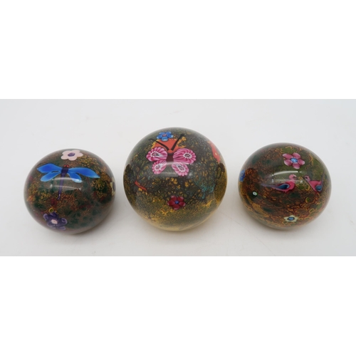 221 - Three Selkirk Glass paperweights including Lovebirds, Dragonfly, Summer Magic Butterfly, two Whitefr... 