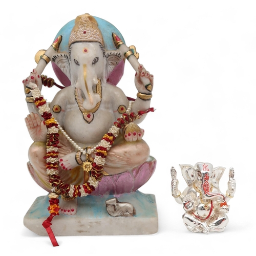 223 - A painted alabaster model of Ganesh, 32cm high, and a silver coated example by Lorodana Sandona, 9cm... 