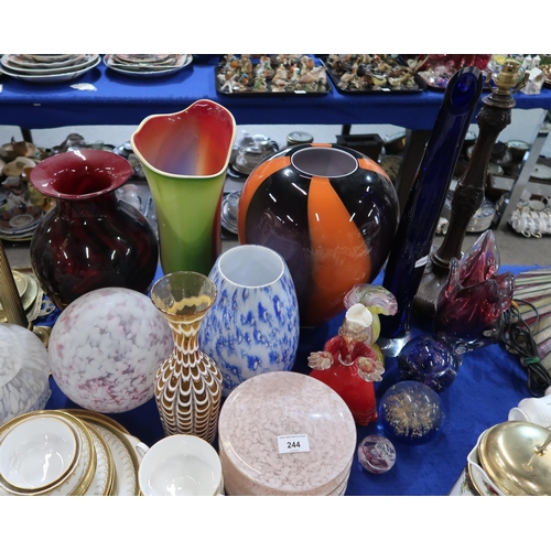 244 - A collection of art glass including a Murano figure of a lady, vases, paperweights, shades etc