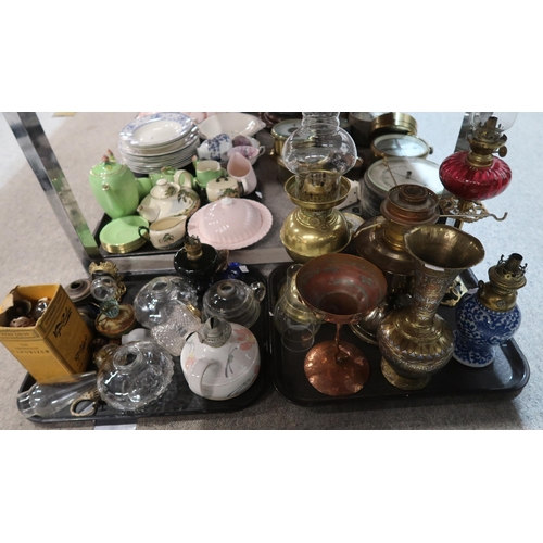 258 - Assorted oil lamps including a Chinese blue and white example with Kosmos Brenner wheel, a copper ch... 