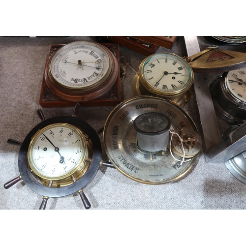 261 - A collection of assorted clocks, gauges, barometers, a Hatton Garden compass etc