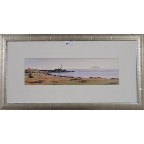 955 - STUART LONG (SCOTTISH b.1962) THE LIGHTHOUSE Watercolour, signed lower right, 12.5 x 44.5c... 