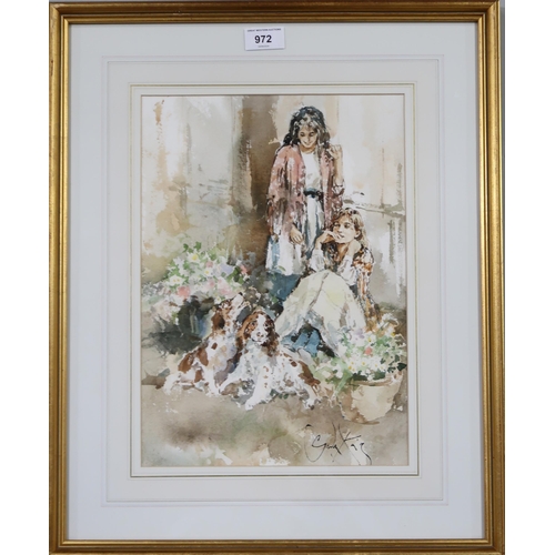 972 - GORDON KING (SCOTTISH 1939-2022) GIRLS WITH A SPANIELS Watercolour, signed lower right, 35... 