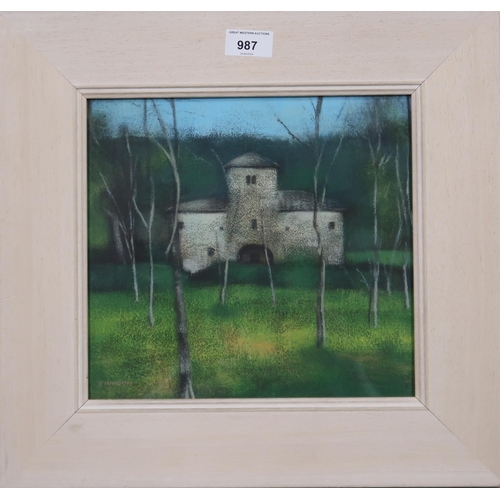 987 - PETER NARDINI (SCOTTISH b.1947) CHATEAUX IN THE WOODS Acrylic on board, signed lower left, 26 x 26cm... 