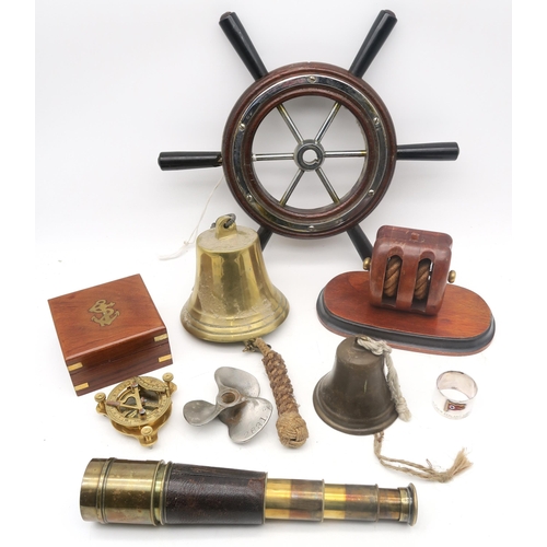 464 - Assorted maritime collectables to include a small three-draw brass and leather-clad telescope by Wra... 