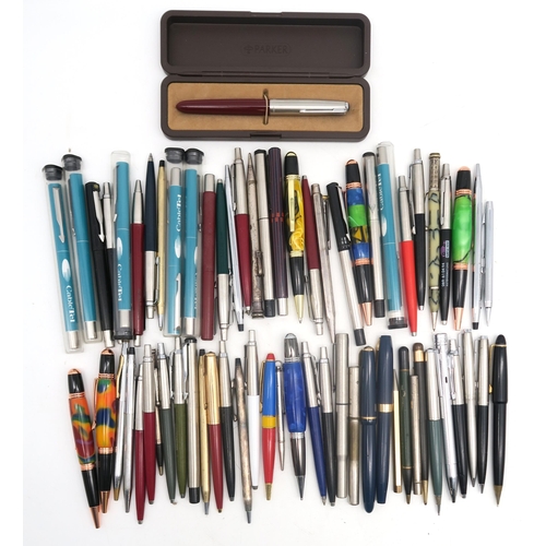 474 - A collection of pens, largely by Parker, also including two silver propelling pencils