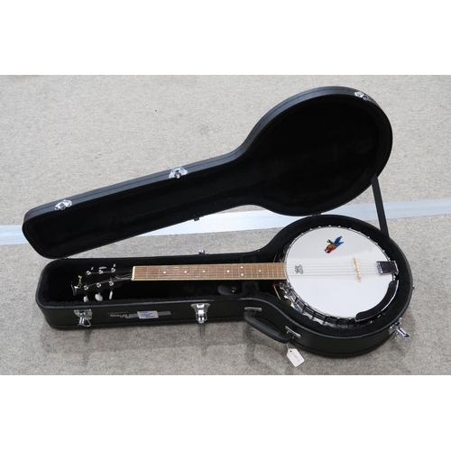 361 - An Ozark six string guitar banjo, 19 frets, with a fitted case and strap