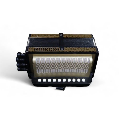 368 - A Hohner 4 stop 10 button melodeon the four voice 14 bellows melodeon comes together with a wooden c... 